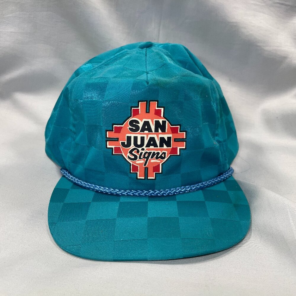 VINTAGE San Juan Signs San Sun Rope Trucker Hat | Teal Checkerboard | Excellent